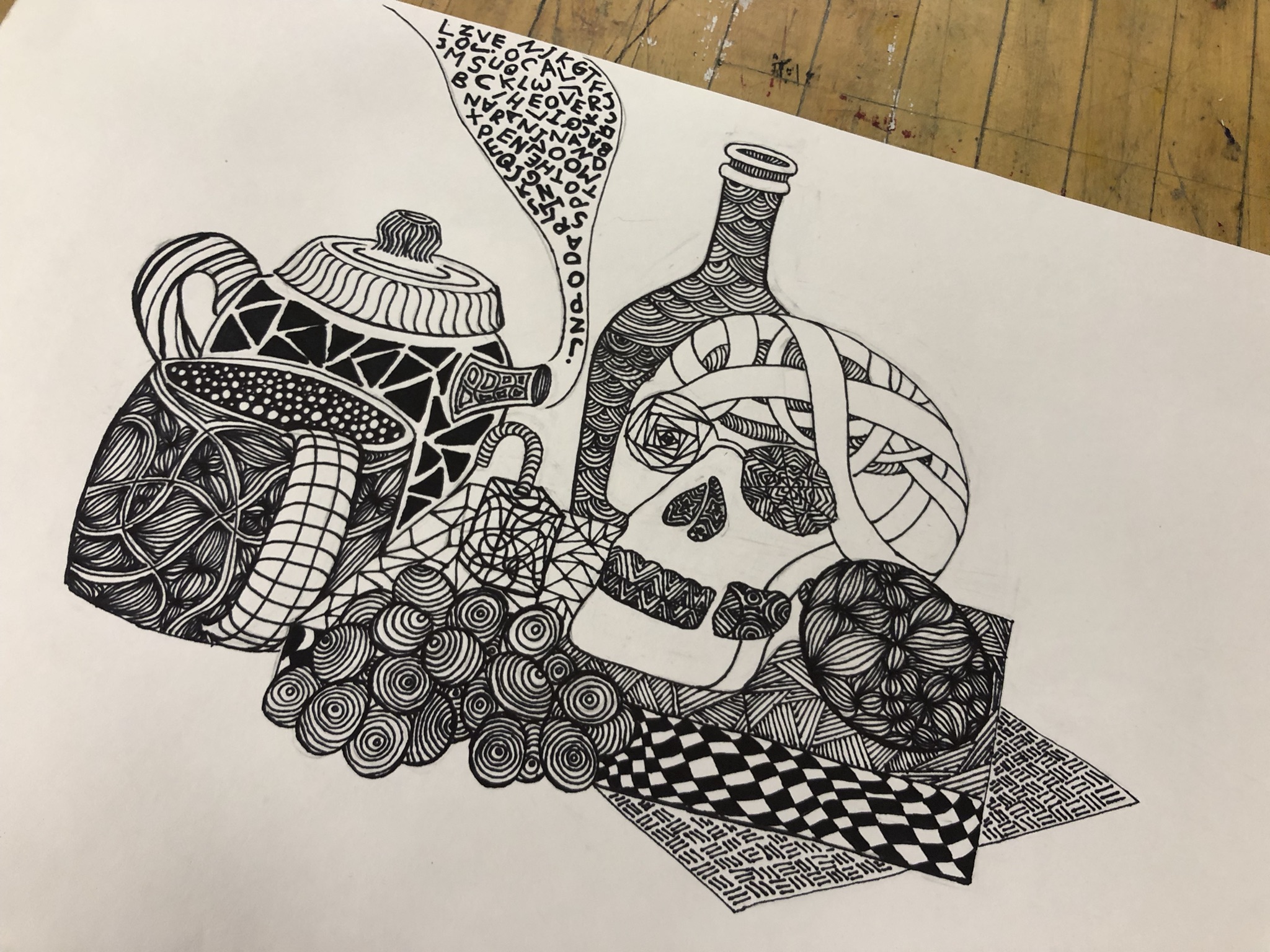 Doodle, skeleton and teapot, Sharpie